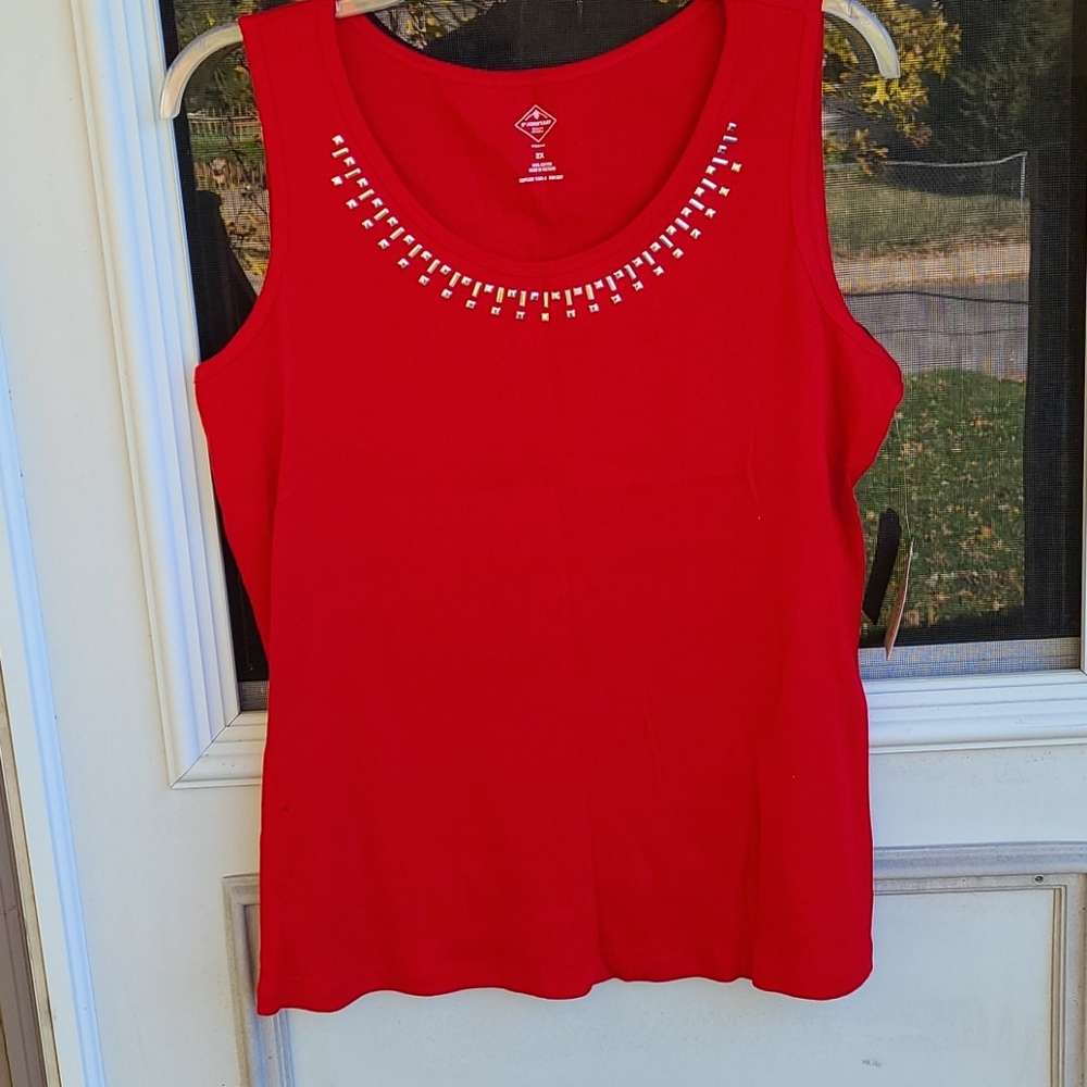 Red sleeveless top